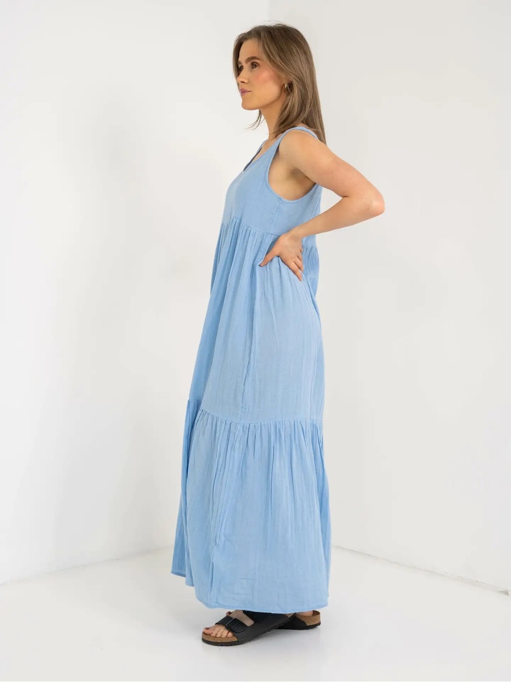 ICHI 100% Gauze Cotton MAXI DRESS Size Medium Sage Green Sleeveless Flowy Casual - Picture 2 of 10
